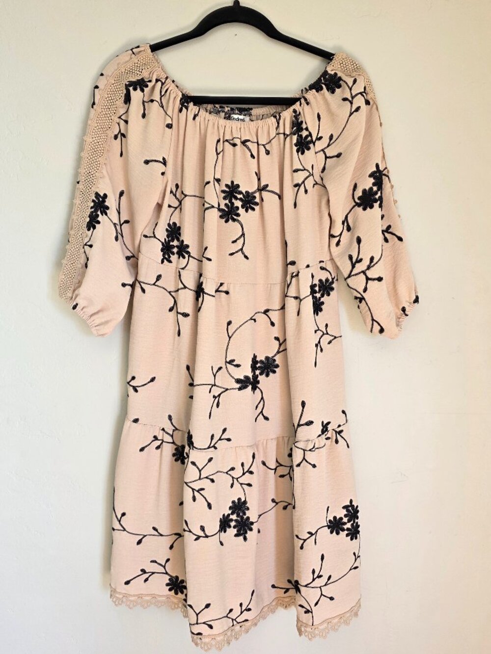 NWOT Kindred Tan Black Floral Embroidered Tiered Boho Dress | Size Medium - Picture 2 of 11